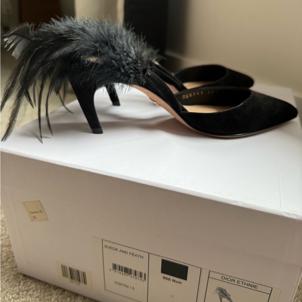 Dior Ethnie black suede + feather  (35.5)  - 2.5” heel